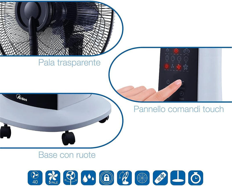 ARDES VENTILATORE A PIANTANA CON UMNIDIFICATORE A ULTRASUONI TELECOMANDO E TIMER
