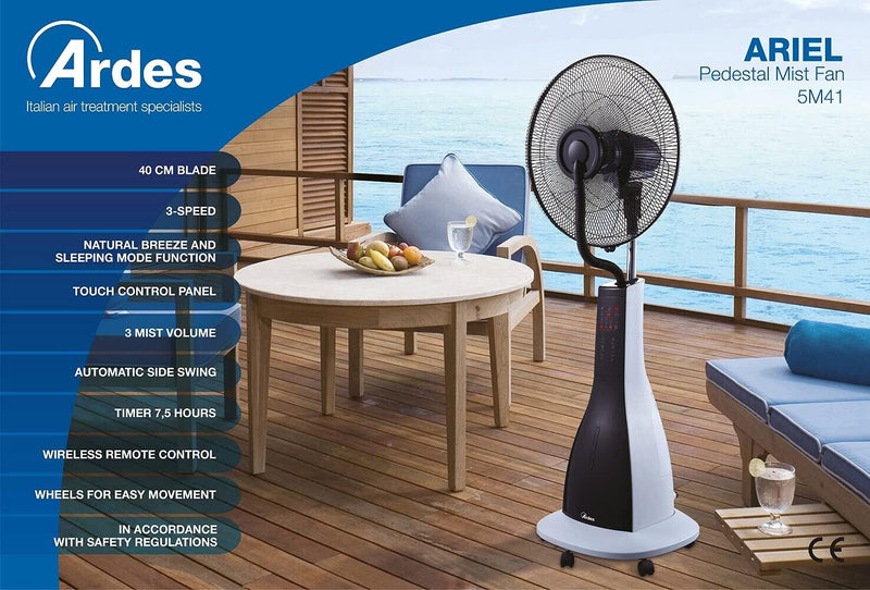 ARDES VENTILATORE A PIANTANA CON UMNIDIFICATORE A ULTRASUONI TELECOMANDO E TIMER
